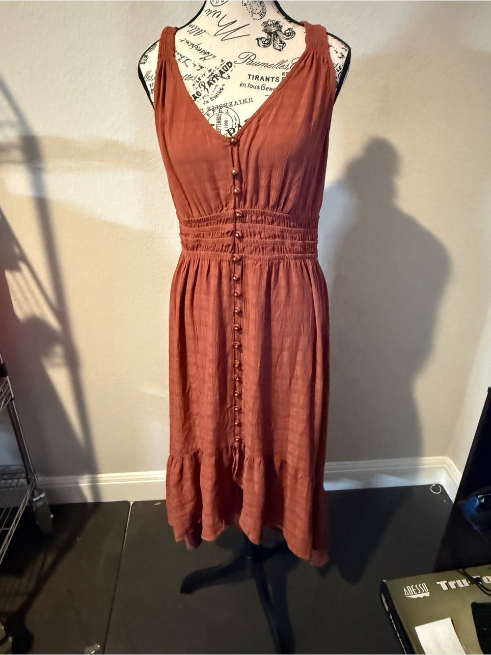 Rewind Rust Terracotta High Low Maxi Dress L Smocked Waist Boho